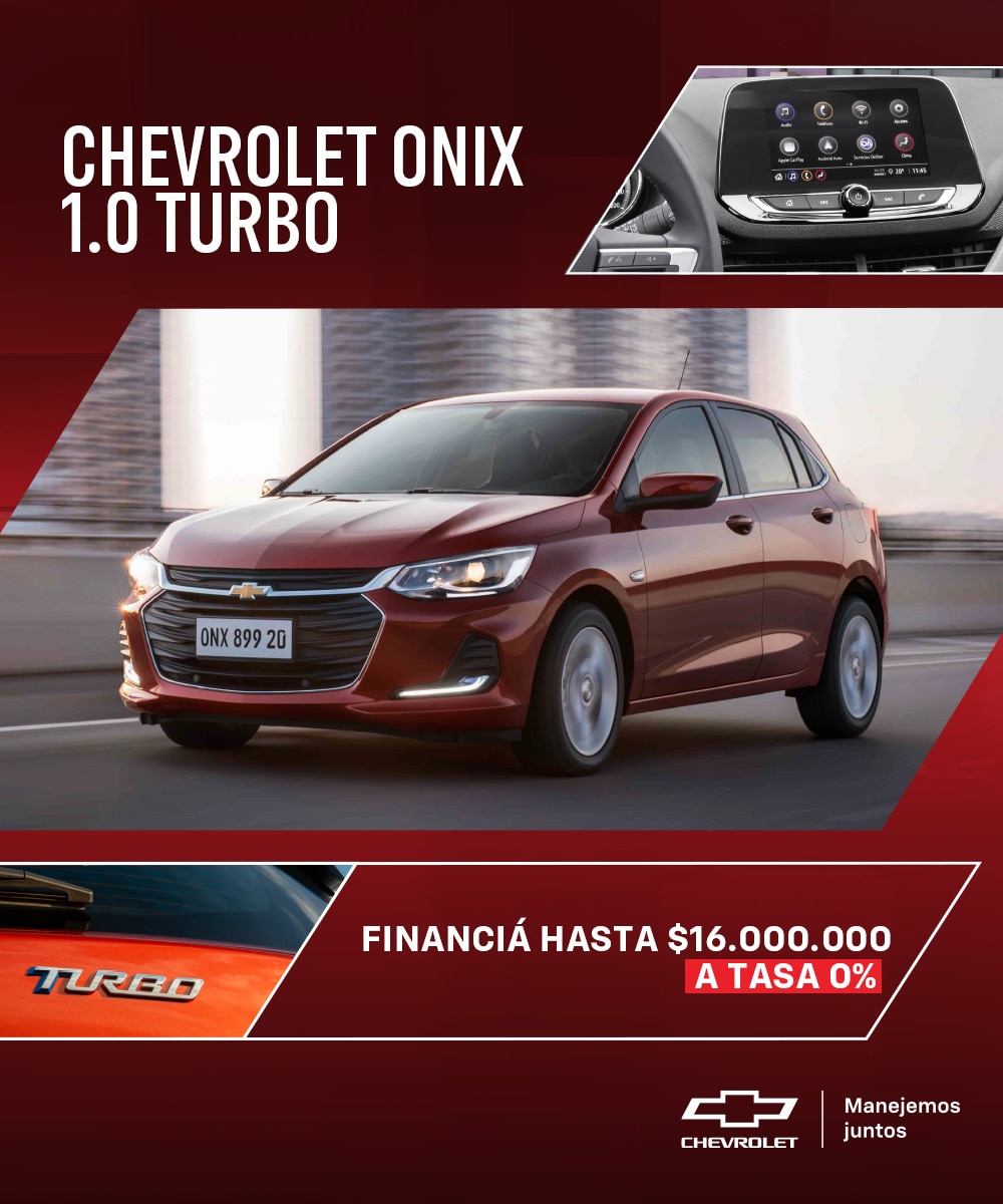 Chevrolet Onix 1.0 Turbo rojo, financia hasta $16.000.000 a tasa 0%.