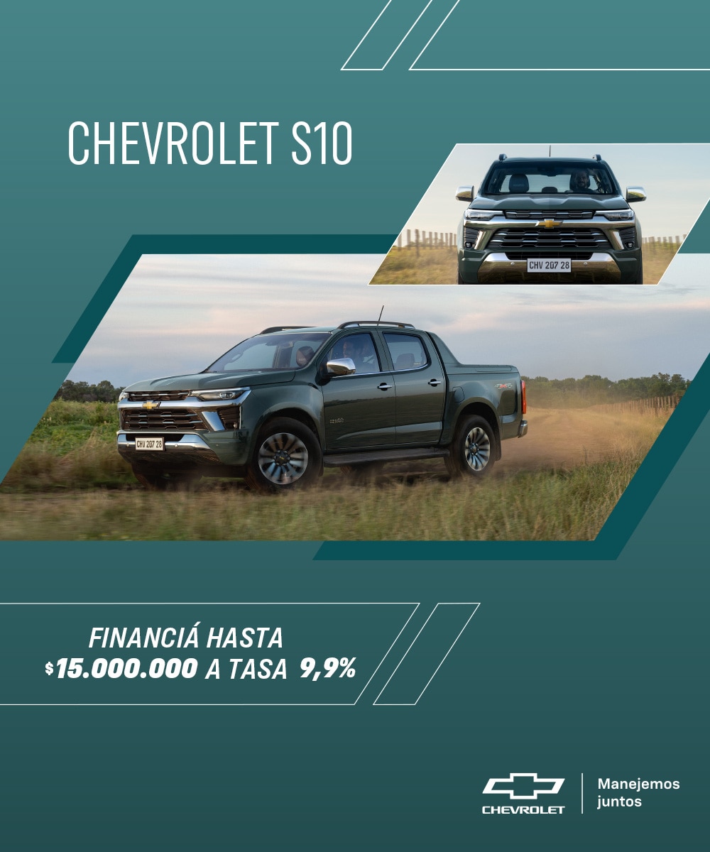 Camioneta Chevrolet S10 verde en campo con promoción de financiación